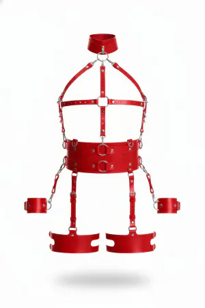 Red Faux Leather Full Body Harness with Neck Collar and Detachable Cuffs