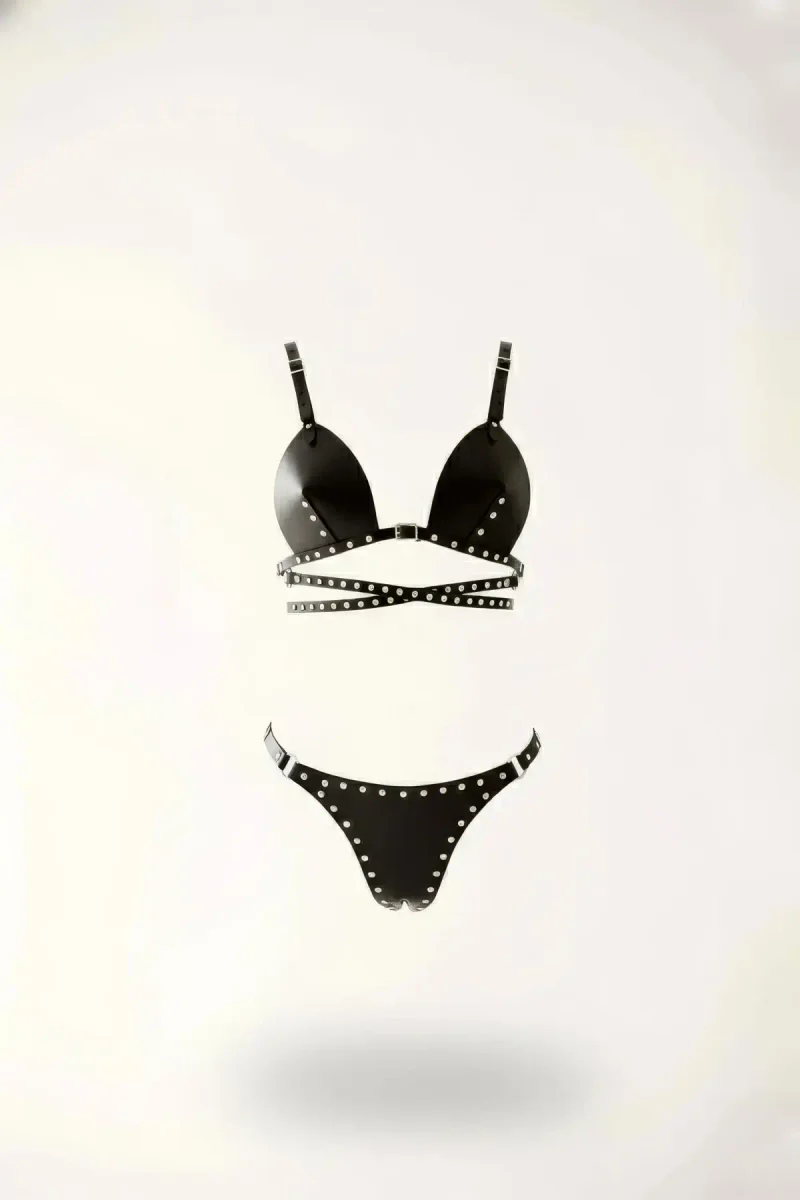 Black Studded Faux Leather Bra and Thong Harness Set with Silver Hardware