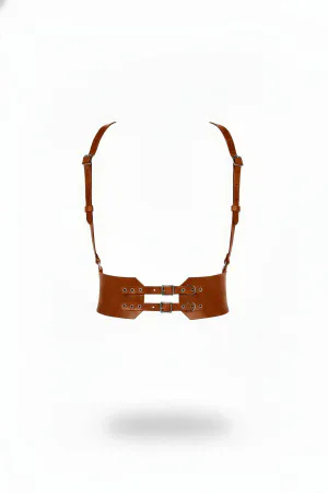 Tan Faux Leather Waist Cinch Harness Shoulder Straps with Silver Buckles