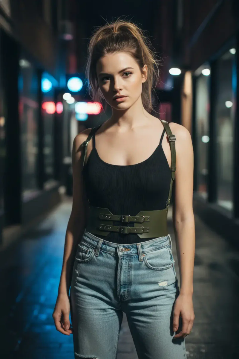 Khaki harness belt front view woman in