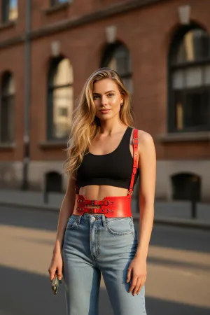 Red Faux Leather Waist Harness Women Adjustable Straps