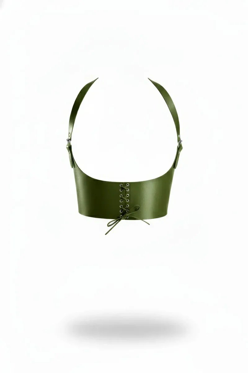 Olive Vegan Leather Underbust Harness Front Lacing Adjustable Straps