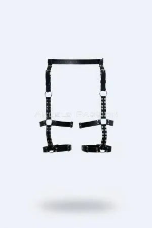 Studded Faux Leather Leg Garter Harness Black with Silver O-Rings and Adjustable Straps Flat Lay