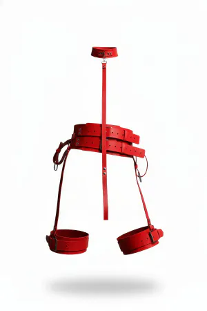 Red Vegan Leather Thigh Harness Set with Collar and Connecting Strap