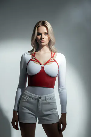 Red Faux Leather Panel Chest Harness with Silver O-Rings