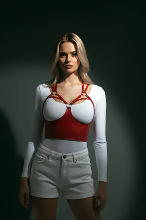 Red Faux Leather Panel Chest Harness with Silver O-Rings