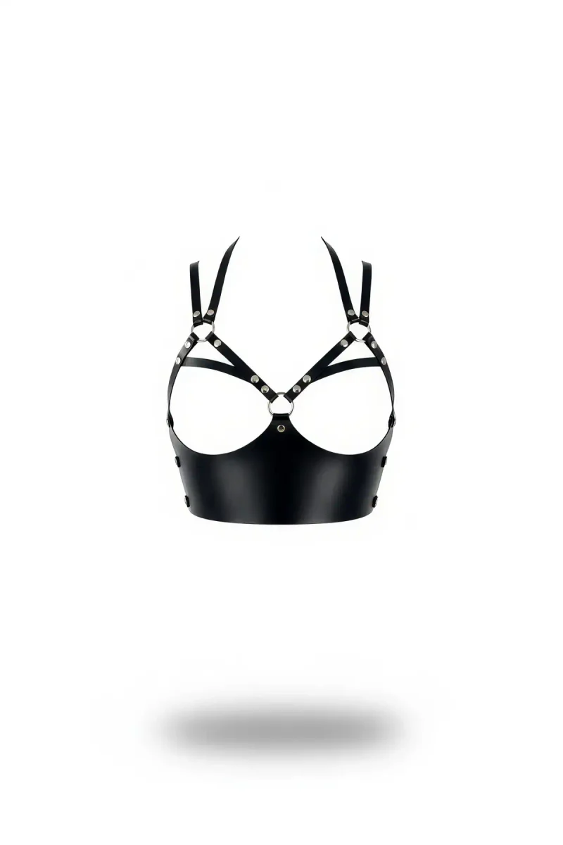 Black Open Bust Faux Leather Harness Top Adjustable Straps Silver Hardware