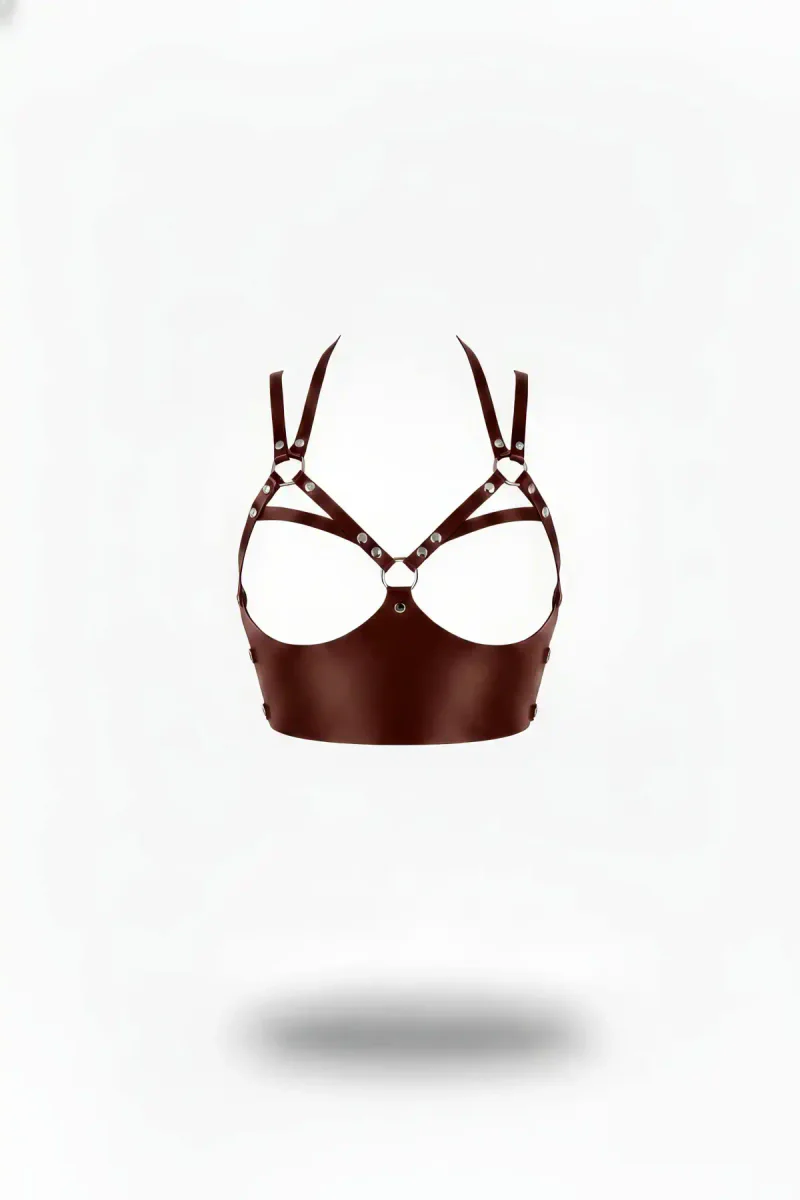Claret Brown Faux Leather Underbust Harness Bra with Silver O-Rings and Straps