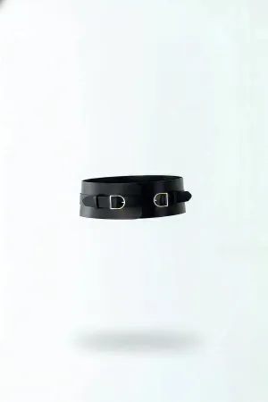 Black Faux Leather Wide Waist Harness Belt Double Silver Buckles