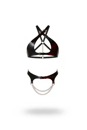 Black Faux Leather Two-Piece Harness Set with Chain Detail, Bra and Waist Belt