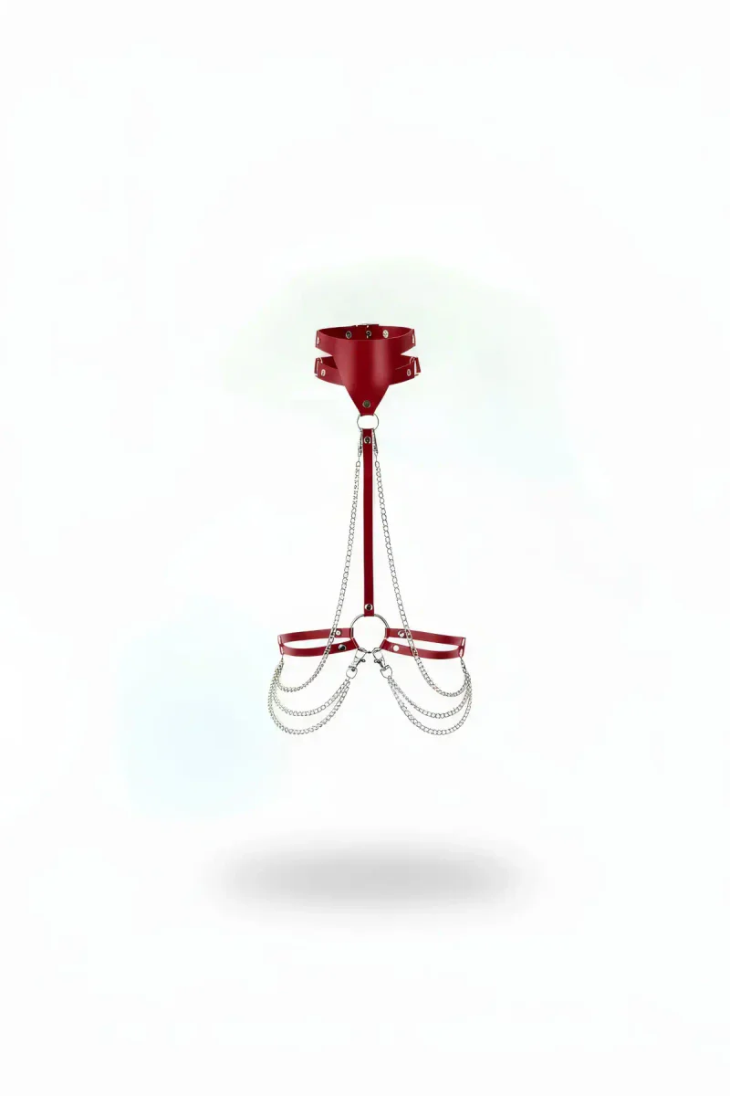 Red leather harness front view