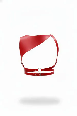 Red Faux Leather Asymmetrical Chest Harness with Silver Hardware