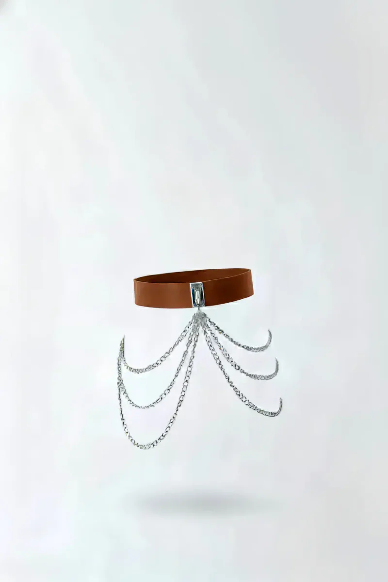 Tan Faux Leather Waist Harness Draped Silver Chains Adjustable Buckle
