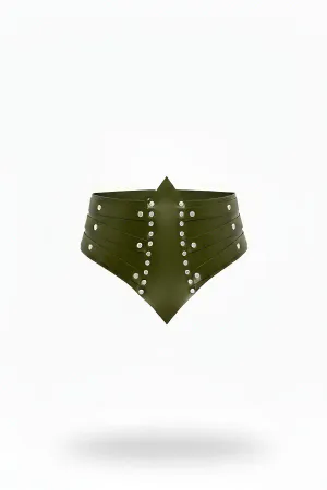 Khaki Studded Vegan Leather Corset Waist Belt with Silver Hardware