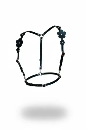 Black Floral Applique Faux Leather Shoulder Body Harness Women Silver Hardware