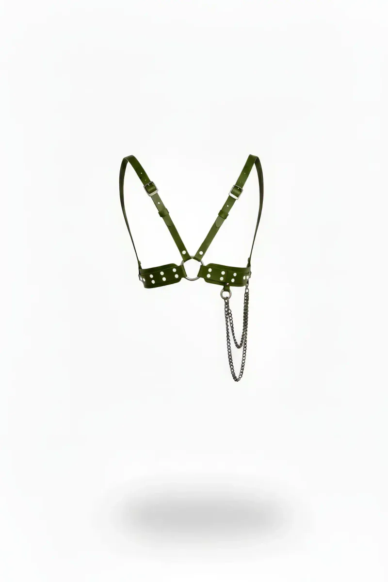 Khaki Faux Leather Chest Harness with Silver Studs and Draped Chain