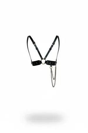 Black Faux Leather Studded Chest Harness with Draped Silver Chain Detail