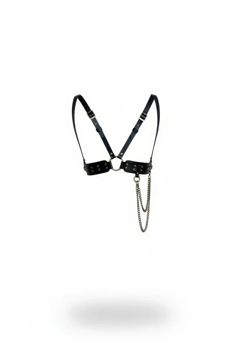 Black Faux Leather Studded Chest Harness with Draped Silver Chain Detail
