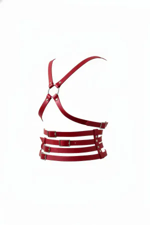 Red Faux Leather O-Ring Chest & Triple Waist Harness with Adjustable Buckles