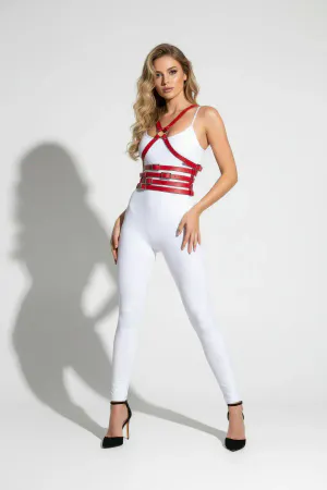 Red Faux Leather Multi-Strap O-Ring Body Harness Front View