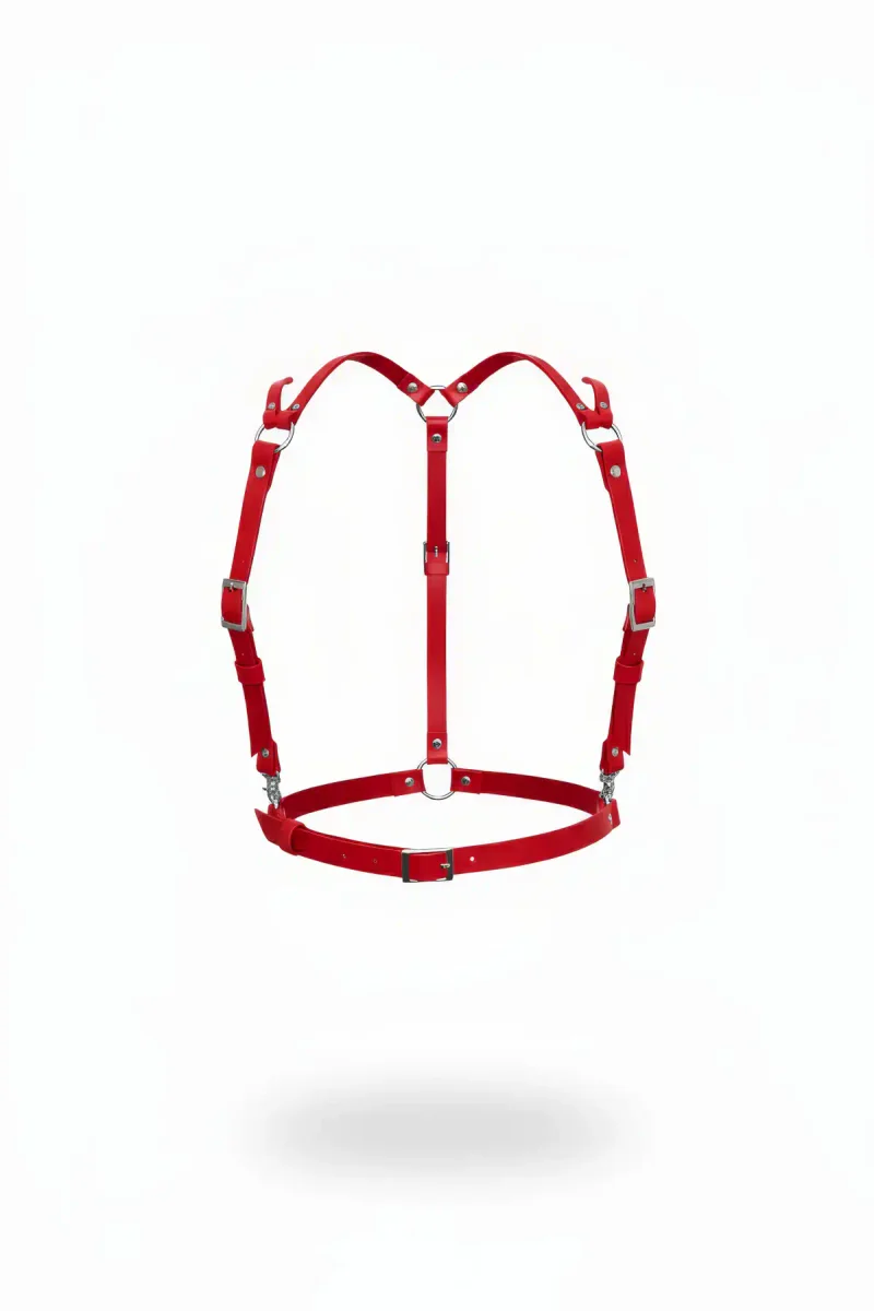 Red Faux Leather Body Harness Women Adjustable Straps Silver Hardware
