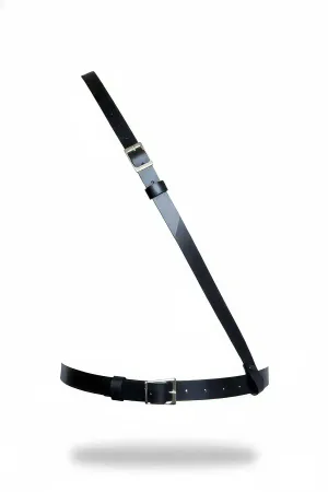 Black Asymmetrical Faux Leather Shoulder Body Harness Front View with Silver Buckles