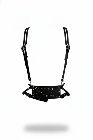 Black Faux Leather Studded Waist Harness Asymmetric Panel Silver Hardware
