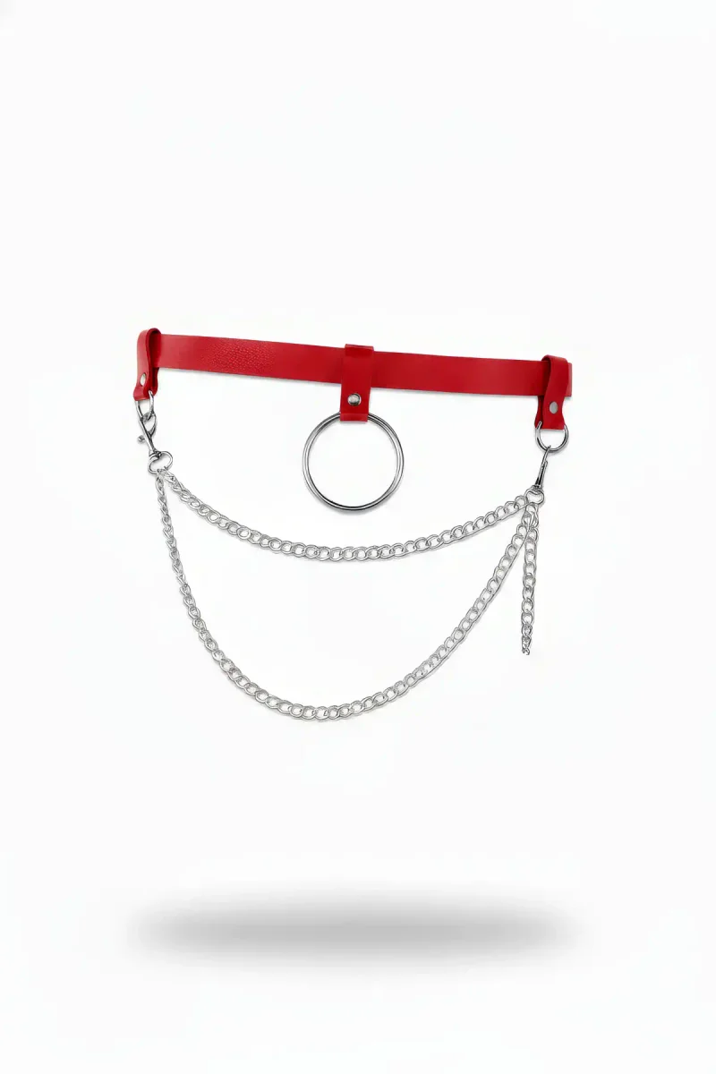Red Faux Leather Waist Harness with Draped Silver Chains and O-Ring