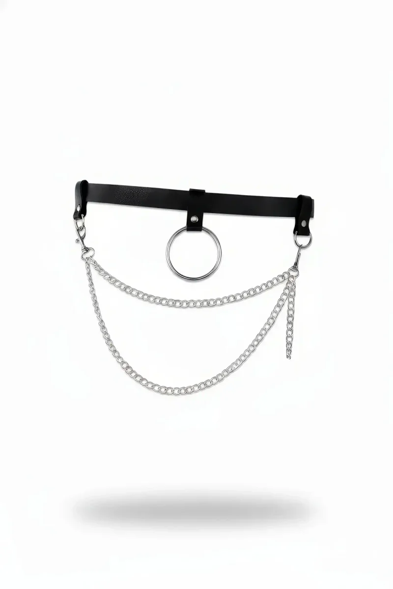 Black Faux Leather O-Ring Waist Belt with Layered Silver Chains