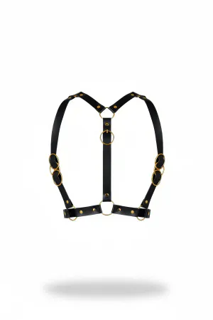 Black Faux Leather Chest Harness with Gold O-Rings Rivets Front View