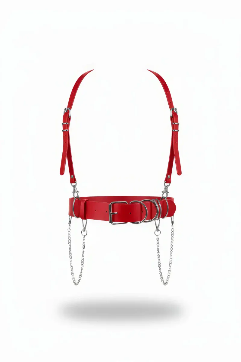 Red faux leather waist harness with silver O-rings and detachable chain accents