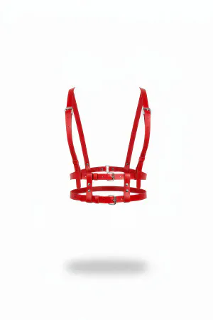 Red faux leather strappy chest harness with double buckle closures