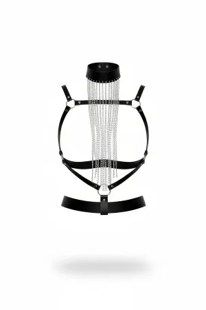 Black faux leather body harness with choker and silver waterfall chains