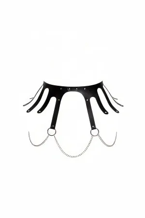 Black faux leather underbust harness with O-ring chain detail and adjustable straps