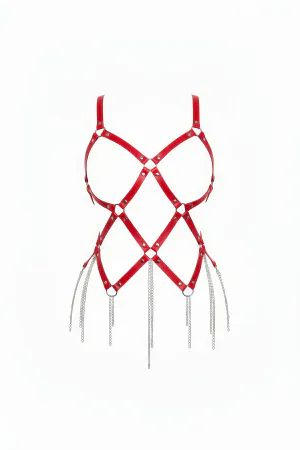 Kırmızı Suni Deri Body Harness Püskül Detaylı Metal Halka Detaylı