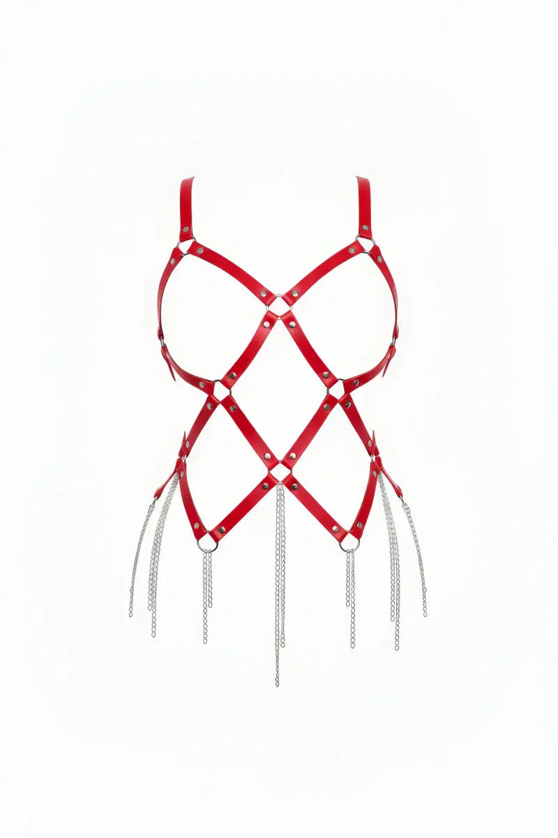 Kırmızı Suni Deri Body Harness Püskül Detaylı Metal Halka Detaylı