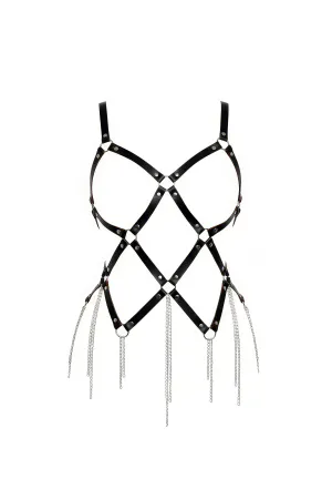 Black Faux Leather Strappy Body Harness with Cascading Silver Chains