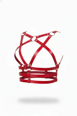 Red Faux Leather Caged Chest Harness Silver O-Rings Adjustable Straps