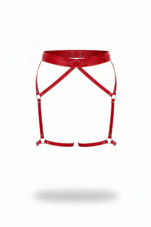 Red faux leather garter harness with central O-ring and adjustable straps