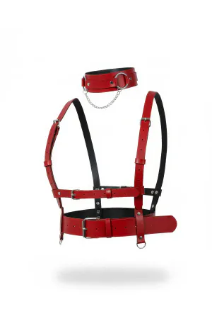 Red faux leather body harness with choker and chain, adjustable straps