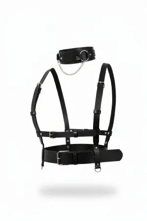 Black Faux Leather Body Harness and Choker Set with Silver Chain