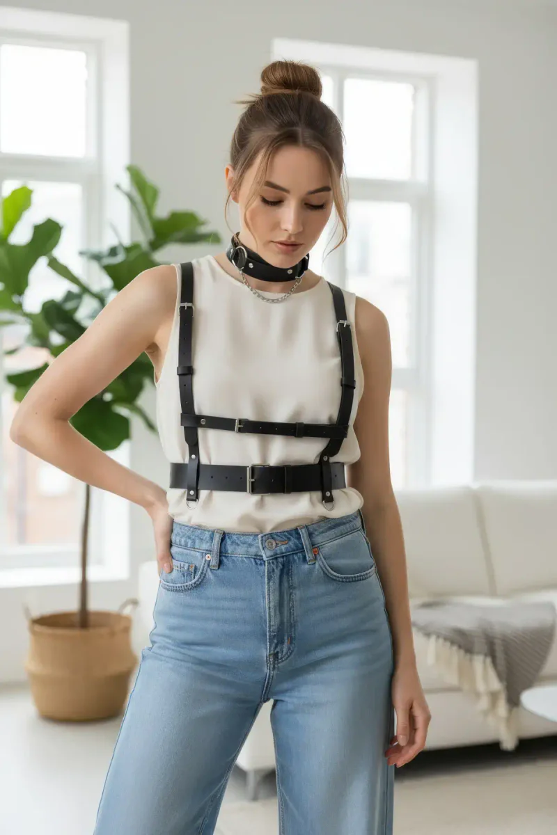 Black Faux Leather Body Harness Women Double-Buckle Waist Choker