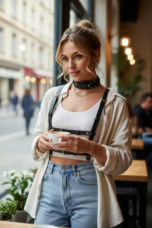 Black Faux Leather Body Harness Women Double-Buckle Waist Choker