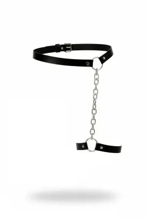Black faux leather leg harness with silver chain and O-ring