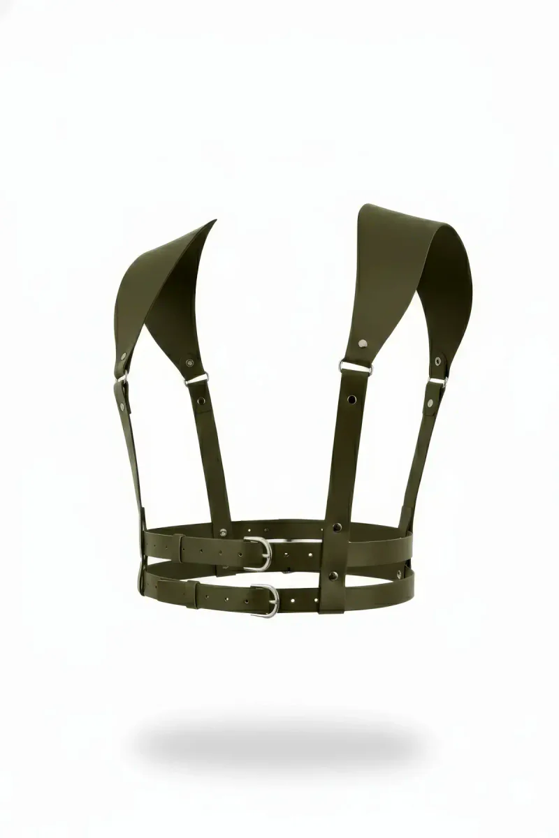 Khaki Faux Leather Wide Shoulder Body Harness with Dual Buckle Waist