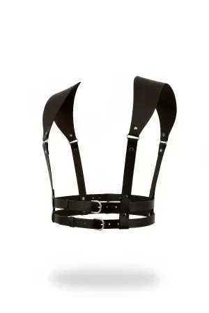 Black Faux Leather Sculptural Chest Harness Double Buckle Front View