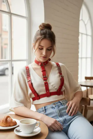 Red Faux Leather Chest Harness with Choker and Shoulder Chains