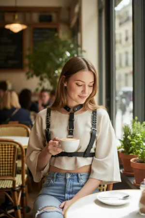 Black Faux Leather Multi-Strap Chest Harness with Integrated Choker and O-Rings worn on a model