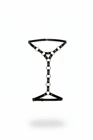 Black faux leather full body harness with silver metal rings and adjustable straps