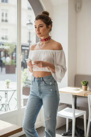 Red faux leather studded choker collar with silver chain detail